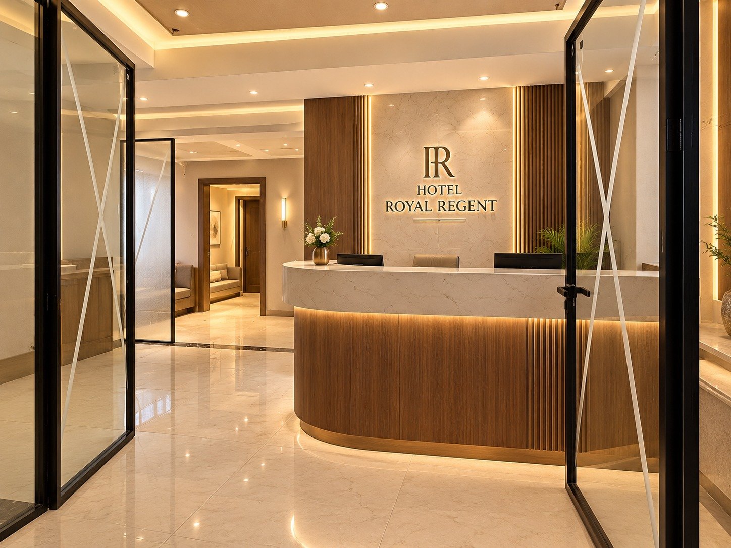 The reception desk at Hotel Royal Regent with its marble counter, wood panelling and warmly lit brand wall