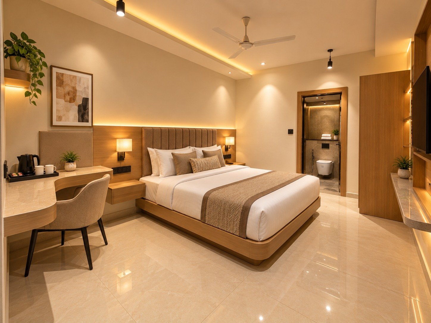 Standard room at Hotel Royal Regent with a large bed, warm wood panelling and soft golden lighting