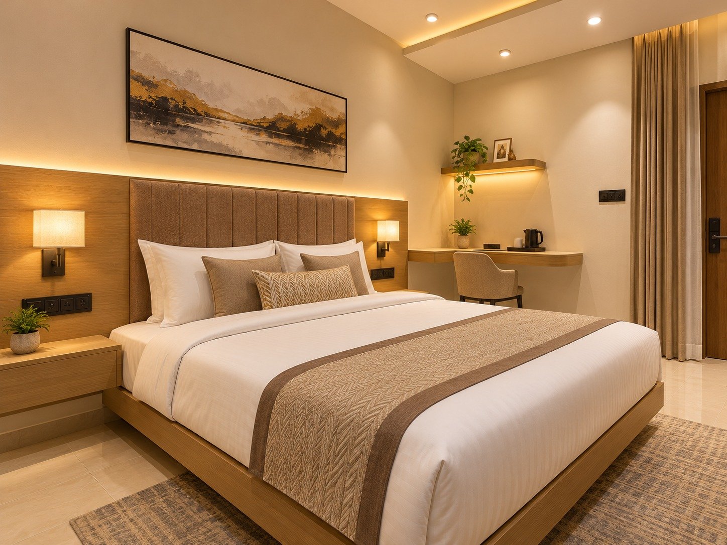 Superior room at Hotel Royal Regent with a plush double bed, cushioned headboard and warm ambient lighting